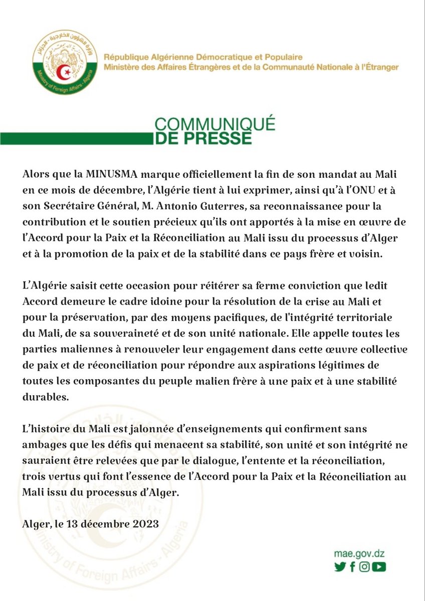 Algeria_MFA's tweet photo. بيان وزارة الشؤون الخارجية والجالية الوطنية بالخارج https://t.co/EAdmBdBvH6
