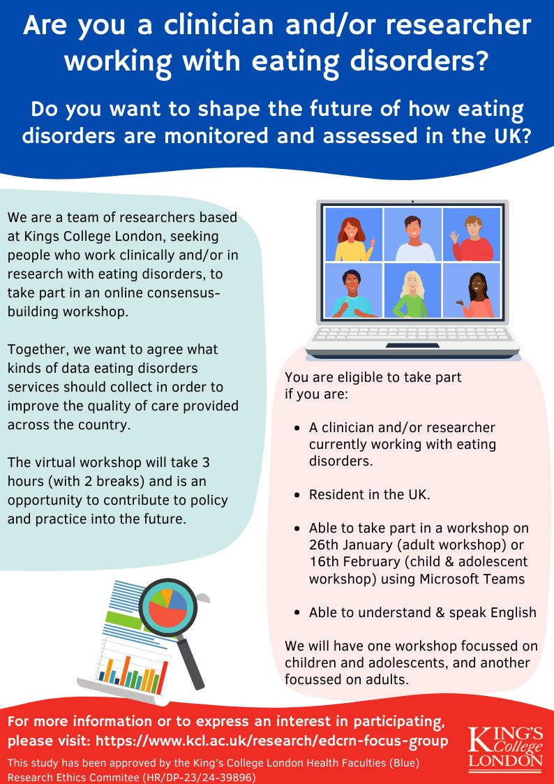 Would you like to shape the future of how eating disorders are monitored & assessed in the UK? We're running 2 consensus building workshops & need your help! Further details at @ED_CRN & kcl.ac.uk/research/edcrn…