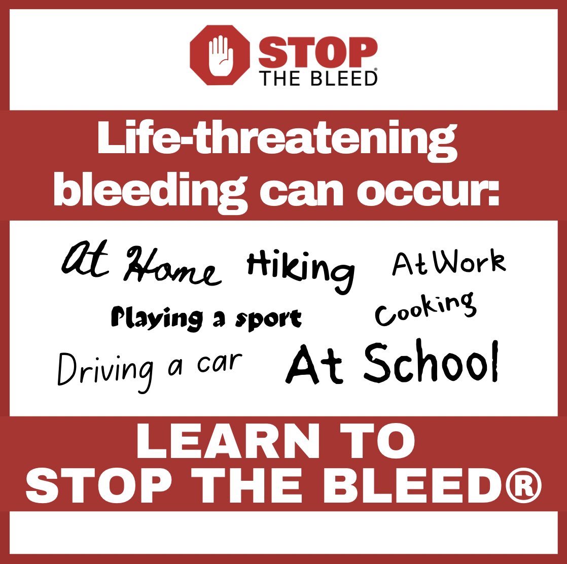 Life threatening bleeding can occur ANYWHERE. Get STOP THE BLEED® trained today. #stopthebleed #bleedingcontrol #savealife #publicsafety