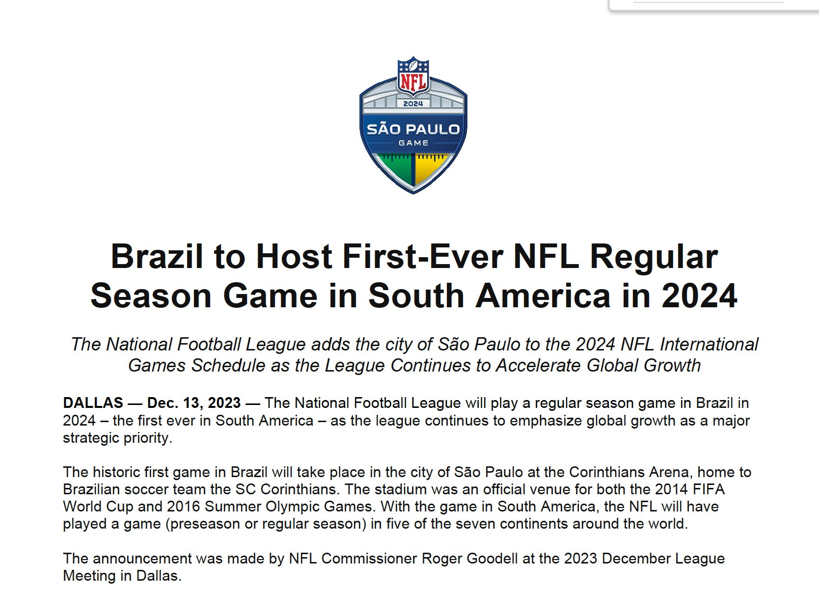 Brazil to Host First-Ever NFL Regular Season Game in South America