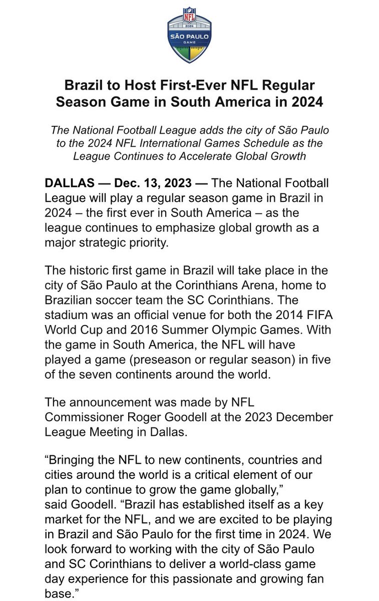 With today’s announcement of next season’s game in Brazil, the NFL will have played a regular or preseason game in 5 of the 7 continents. Africa and Antarctica got next