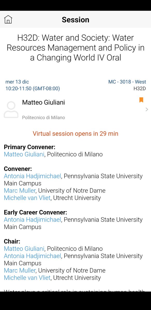 Today it's time for 2 Water& Society oral sessions about water management and policy in a changing world. Join us after the coffee break with @marcfmuller @a_hadjimichael @Michelle_vVliet and our invited speakers @almeida_rafaelm and @katharine_mach