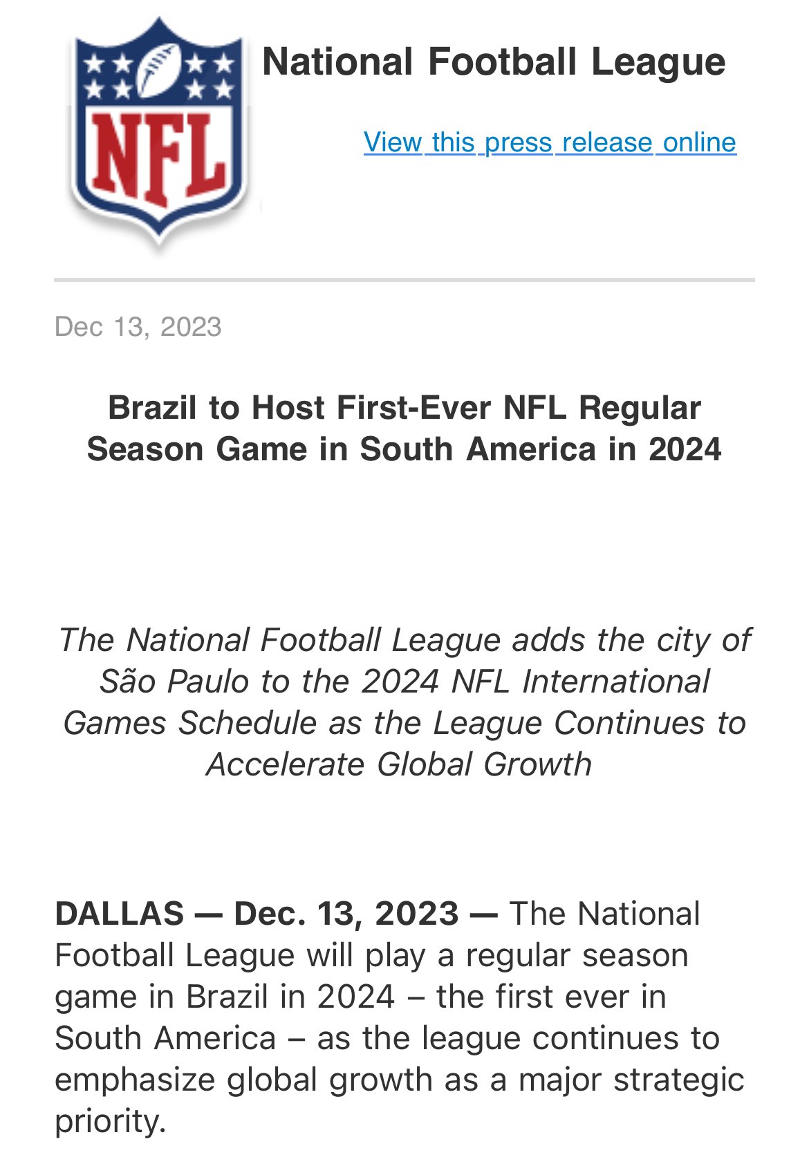 Brazil to Host First-Ever NFL Regular Season Game in South America