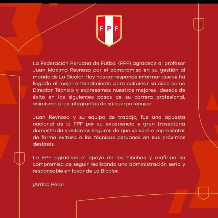💥TODO TIENE SU FINAL #Oficial. La #FPF confirmó la salida de #JuanReynoso. La #Bicolor quedó a la espera de un nuevo entrenador.