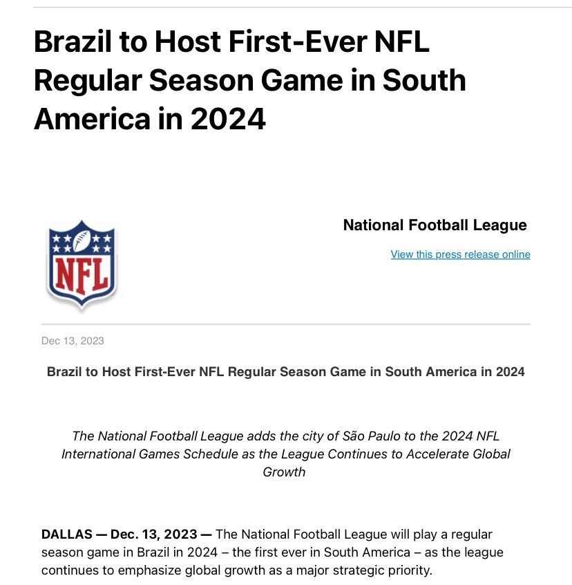Brazil to Host First-Ever NFL Regular Season Game in South America