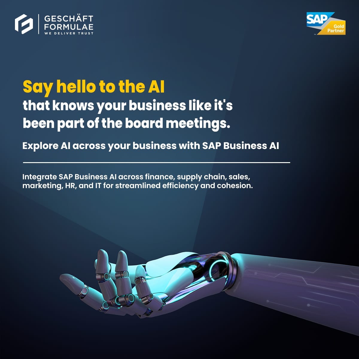 GeschaftIndia's tweet photo. Step into the future of business intelligence with SAP Business AI, the boardroom-savvy AI that understands your business as if it's been part of the meetings. 
Connect with us at:- sales@geschaftindia.com.

#GeschaftInsights #SAPAIIntegration #DigitalTransformation https://t.co/9OPmZBGRpH