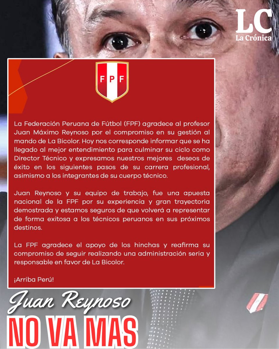 Juan Reynoso no es más técnico de la selección peruana. La FPF anunció su salida mediante un comunicado.