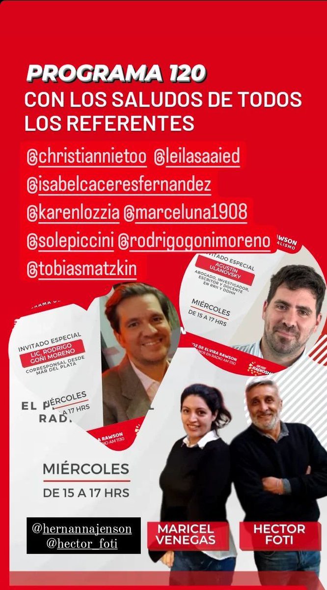 Hoy despedimos el año, programa N°120 No te lo pierdas!!!!
<a href="/ElviraVozde/">La Voz de Elvira Rawson</a> 
<a href="/hernan_najenson/">Hernan Najenson</a> 
<a href="/ateneorecoleta/">Ateneo de la Recoleta Elvira Rawson</a> 
<a href="/ateneodepalermo/">Ateneo de Palermo Elvira Rawson</a> 
<a href="/jrlaelvira/">Juventud Radical La Elvira</a> 
<a href="/EspacioCulER/">Espacio Cultural Elvira Rawson</a> 
<a href="/huellitaselvira/">Huellitas en el Elvira</a>