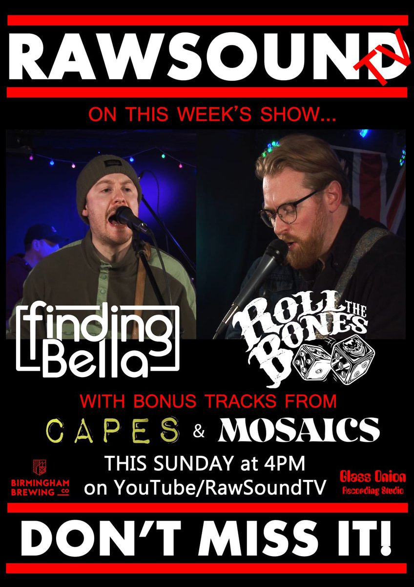 🚨NEW SHOW🚨Join us this Sunday at 4pm for a brand new episode of your favourite new music show from right here in #Brum. Gonna be a belter! Tune in for the brilliant @finding_bella & the superb @RollTheBonesUK PLUS bonus tracks from @UkCapesband & @MosaicsBandUK Don’t Miss It!