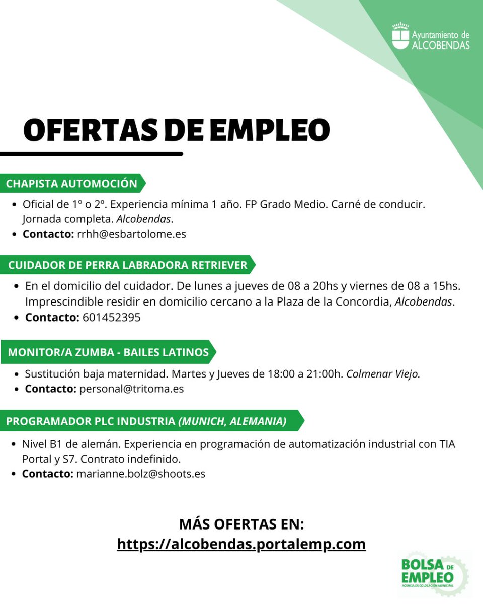 Alcobendas_emp's tweet photo. 📢Nuevas Ofertas de Empleo. Postúlate si cumples el perfil y estás interesado/a.

🌐 Si quieres conocer más ofertas en las que puedas encajar entra y regístrate en nuestra Bolsa de Empleo 📲 https://t.co/nbO9pwCEET

#alcobendasempleo https://t.co/vW6vbygb9J