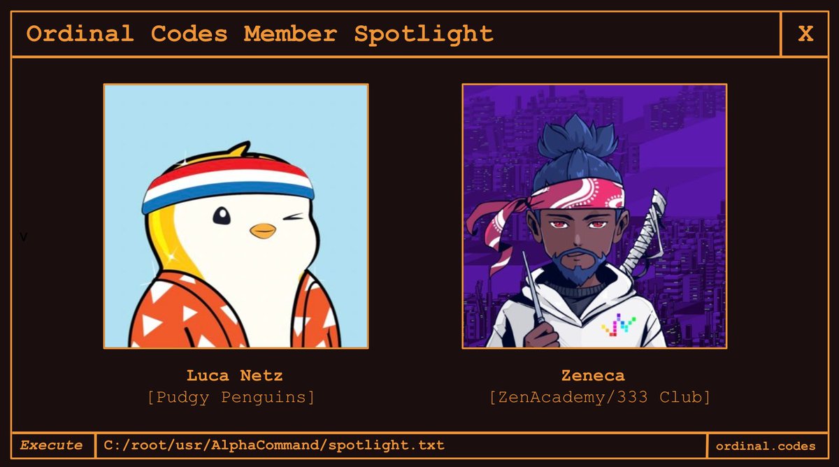 DeityFNF's tweet photo. Announcing our final members to be onboarded to Ordinal Codes:

@LucaNetz from @pudgypenguins 
@Zeneca from @ZenAcademy 

Ordinal Codes will be the first to bring Ordinals exposure to many different leaders across chains, while bringing boundless opportunities to our holders.

#OContop
