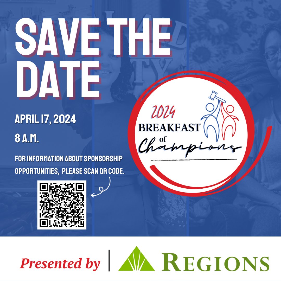 Save the Date! The 5th Breakfast of Champions is on April 17, 2024  at 8 a.m. Thank you <a href="/RegionsBank/">Regions Bank</a> for being our Presenting Sponsors THREE years in a row! Mark your calendars and spread the word! 

P.S. Interested in your company sponsoring us? Go to bit.ly/3RpPGSR.