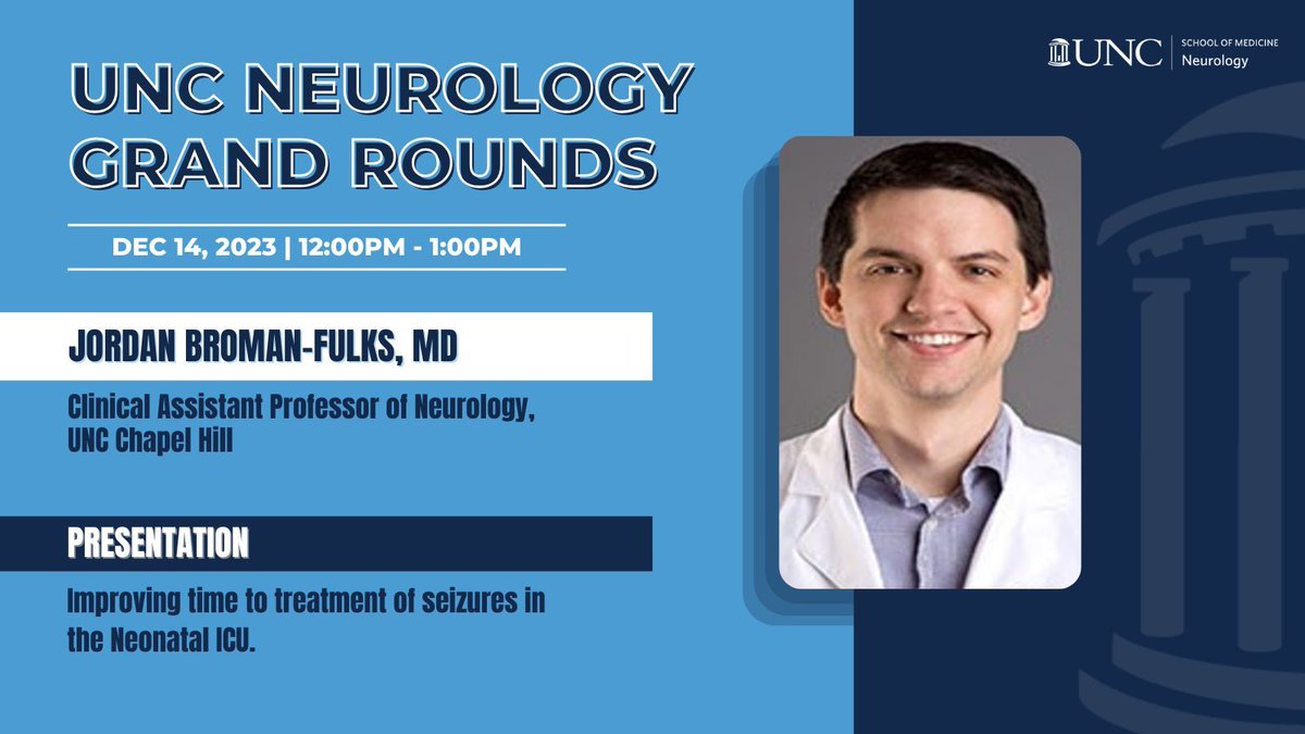 This week's UNC Neurology Grand Rounds, speaker: Jordan Broman-Fulks, will present 'Improving time to treatment of seizures in the Neonatal ICU.' #GrandRounds #neurology #neurologygrandrounds #uncsom #unc #uncch #uncneurology #unchealth #ICU #neonatal #seizure #improving