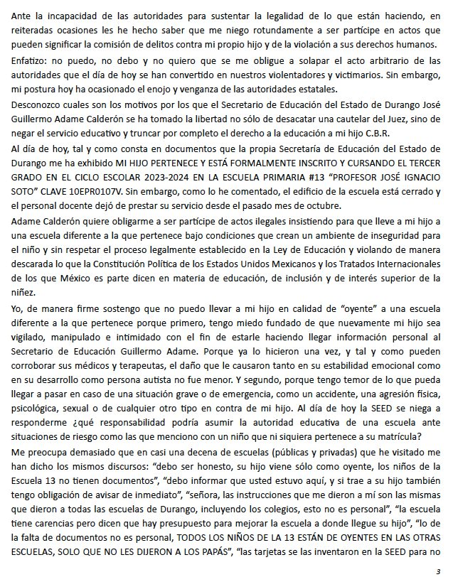 ivone_mc's tweet photo. A QUIEN CORRESPONDA:
Mi nombre es Ivone Reyes, soy una mujer autista, madre de familia de un niño de 8 años también con autismo, activista y defensora de derechos humanos; y escribo esta carta porque mi hijo y yo necesitamos de su ayuda ya que hemos sido víctimas de amenazas 🧵 https://t.co/DPfCpn4Kpg