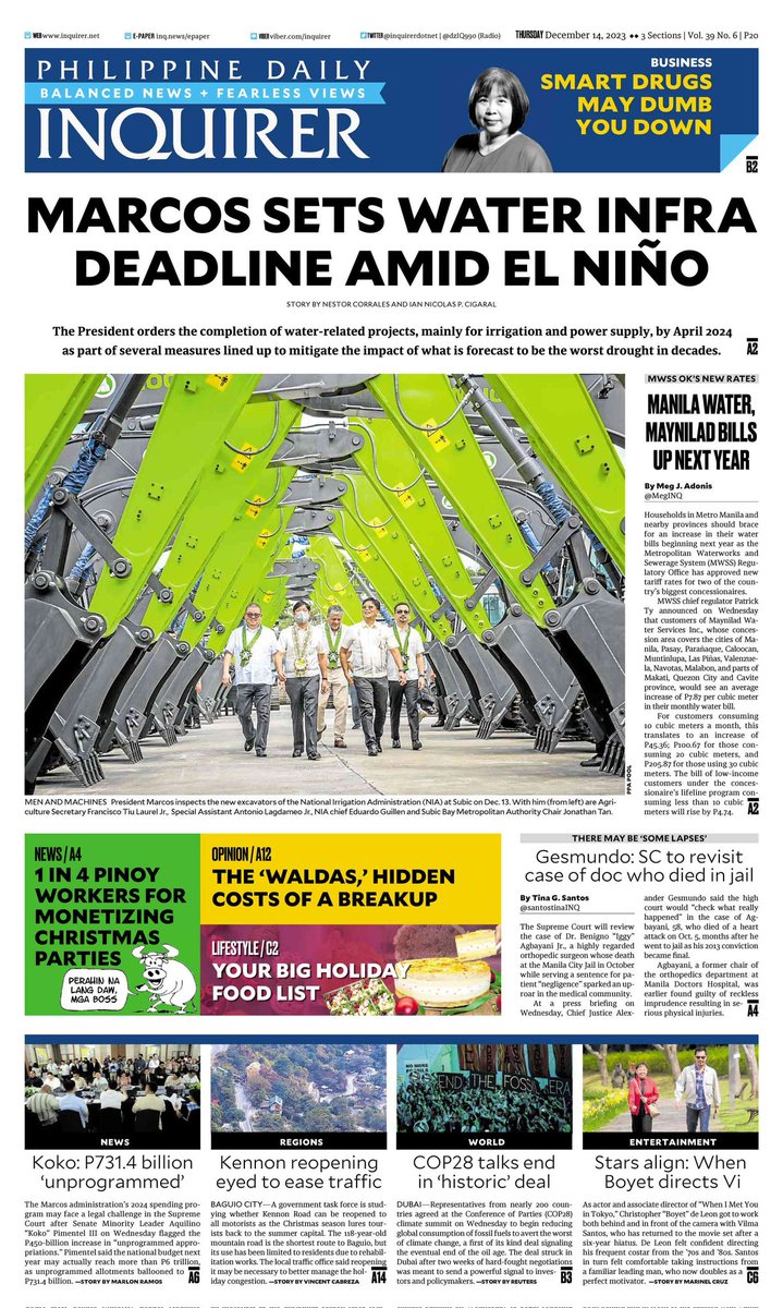 Today's #INQFrontPage: 📰
Thursday, Dec. 14, 2023

Marcos sets water INFRA deadline amid El Niño.

#TomorrowsPapersToday
#Philippines #Headlines
#Frontpagenews