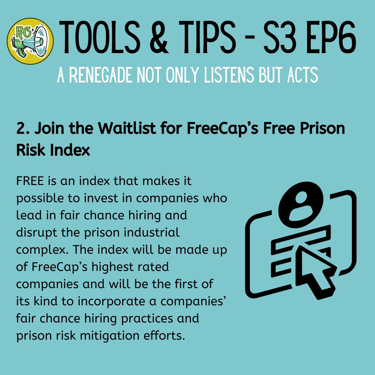 A renegade not only listens but acts! ⛓️ Check if your investments are incarceration-free. ow.ly/4AAZ50QiynG 💰 Join the waitlist for FreeCap’s Free Prison Risk Index. ow.ly/meAE50QiynH And be sure to check out Episode 6: ow.ly/8Yua50QiynI #renegadecap