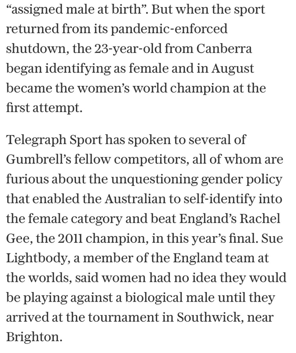 Remember when activist media figures and politicians used to claim no sportswomen minded having to compete against males in women’s competition? Just a straight up lie to isolate and denigrate women who spoke out. @oliverbrown_tel