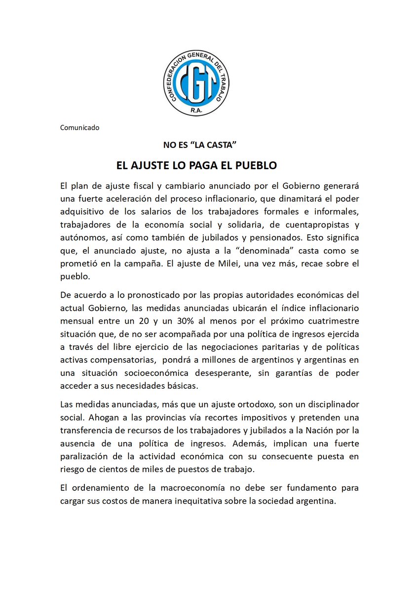 MundoGremial's tweet photo. 🔴 #URGENTE | Comunicado de la CGT: "No es la casta: el ajuste de Milei lo paga el pueblo" https://t.co/sk1rRxWgz4