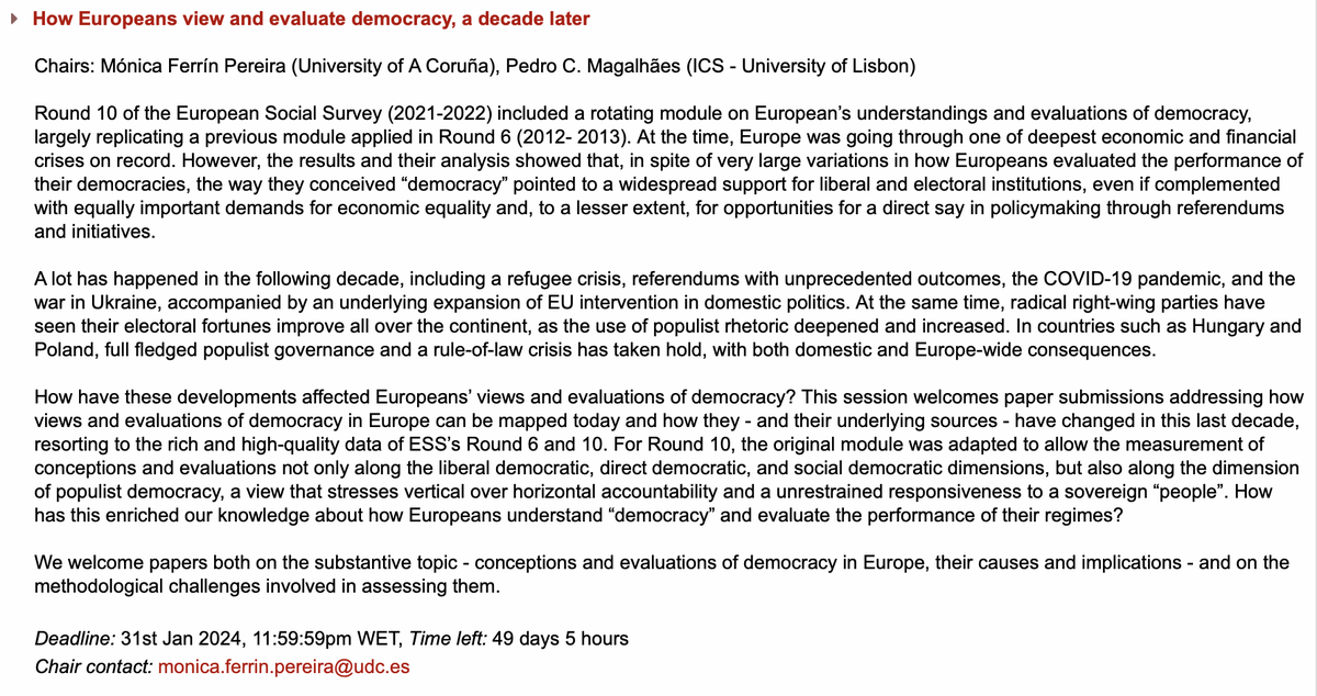 Pedro Magalhães (@pcmagalhaes) on Twitter photo Lisbon 2024 <a href="/ESS_Survey/">European Social Survey</a> Conference call for papers open. Mónica Ferrin and I are organizing a session on the rounds 6 and 10 module on "Views and Evaluations of Democracy". Send us your paper proposals: europeansocialsurvey.org/about/ess-conf… Lisbon 2024 <a href="/ESS_Survey/">European Social Survey</a> Conference call for papers open. Mónica Ferrin and I are organizing a session on the rounds 6 and 10 module on "Views and Evaluations of Democracy". Send us your paper proposals: europeansocialsurvey.org/about/ess-conf…