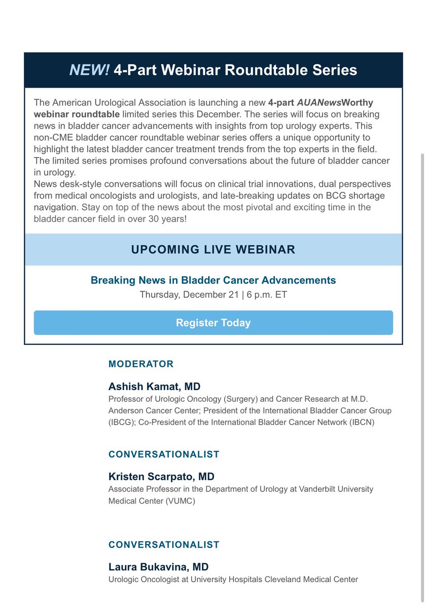 Looking forward to our roundtable discussion on latest bladder cancer treatment with @UroDocAsh @Scarps_kristen part of @AmerUrological 4 part webinar series .. join us next week . Post ❓below for discussion . Register ➡️tinyurl.com/576wpddp