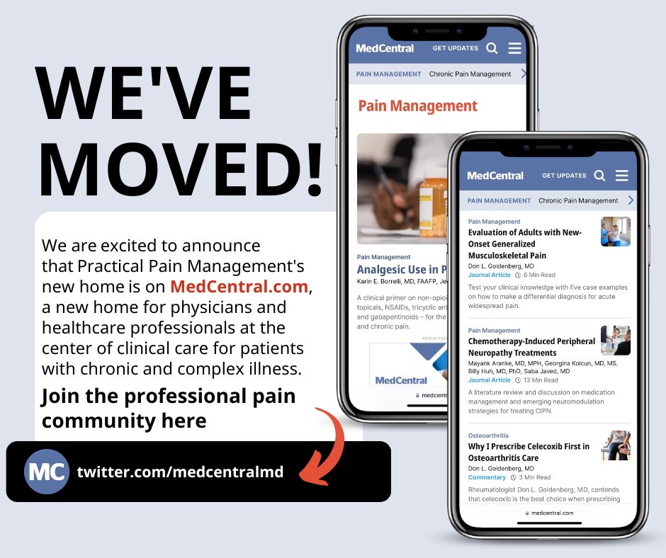 PPM Journal (@practicalpain) on Twitter photo You can find the latest on pain management including new treatments for #chronicpain, trending information on #opioidmanagement and #behavioraltherapy, and more on #pain-related conditions over on <a href="/medcentralmd/">MedCentral</a> — follow us there! You can find the latest on pain management including new treatments for #chronicpain, trending information on #opioidmanagement and #behavioraltherapy, and more on #pain-related conditions over on <a href="/medcentralmd/">MedCentral</a> — follow us there!