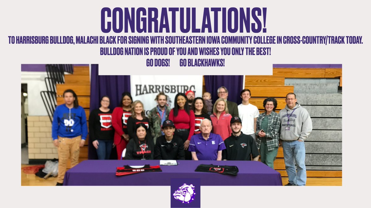 CONGRATULATIONS MALACHI BLACK! Harrisburg Bulldog, Malachi Black signs today with Southeastern Iowa Community College in Cross-Country / Track. Bulldog Nation is proud of you!
