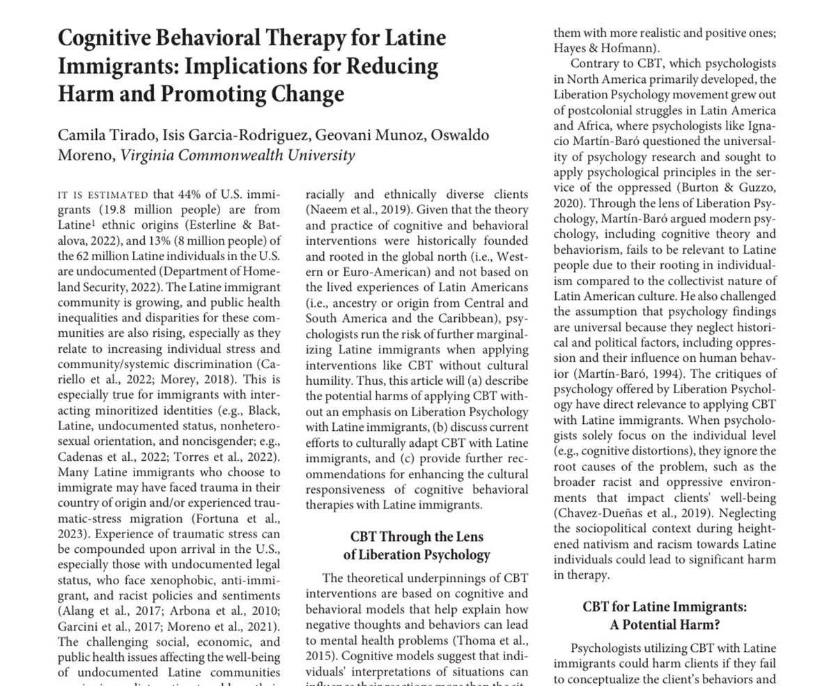 Check out some of our lab members’ work in the Behavior Therapist special call on harms of cognitive behavioral therapy. We discuss cognitive behavioral therapy for Latine immigrants and describe implications for reducing harm and promoting change. #ProudMentor