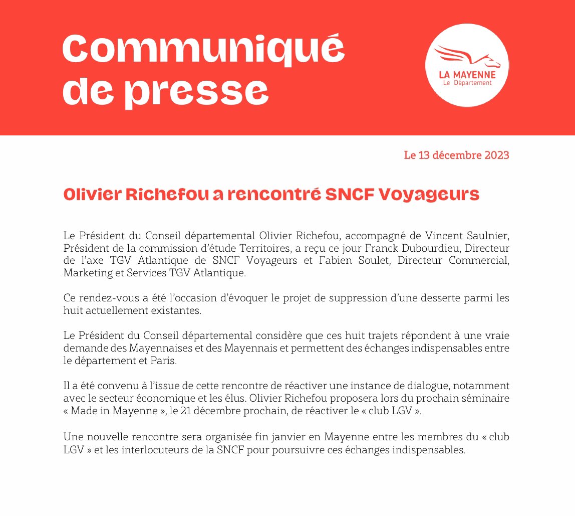 Olivier Richefou (@olivierrichefou) on Twitter photo Mon communiqué de presse suite à la rencontre avec <a href="/SNCFVoyageurs/">SNCF Voyageurs</a> sur le projet de suppression d’un arrêt dans les 2 sens sur les 8 existants. Cette fréquence répond à une vraie demande du territoire et permet des échanges indispensables entre <a href="/lamayenne/">La Mayenne, le Département</a> et Paris
<a href="/vsaulnier53200/">Vincent Saulnier</a> Mon communiqué de presse suite à la rencontre avec <a href="/SNCFVoyageurs/">SNCF Voyageurs</a> sur le projet de suppression d’un arrêt dans les 2 sens sur les 8 existants. Cette fréquence répond à une vraie demande du territoire et permet des échanges indispensables entre <a href="/lamayenne/">La Mayenne, le Département</a> et Paris
<a href="/vsaulnier53200/">Vincent Saulnier</a>