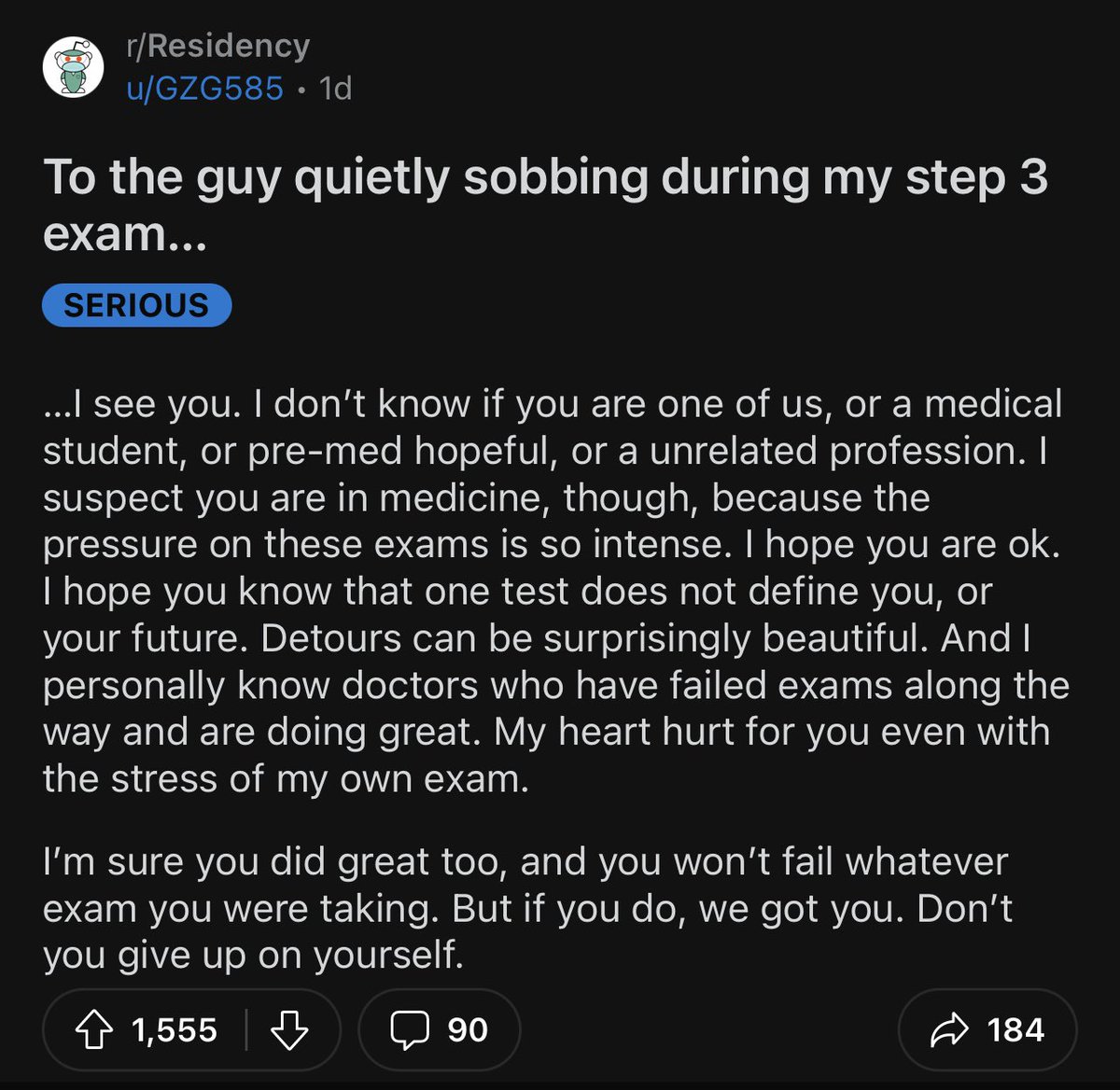 Hoping the test taker somehow sees this post from r/Residency