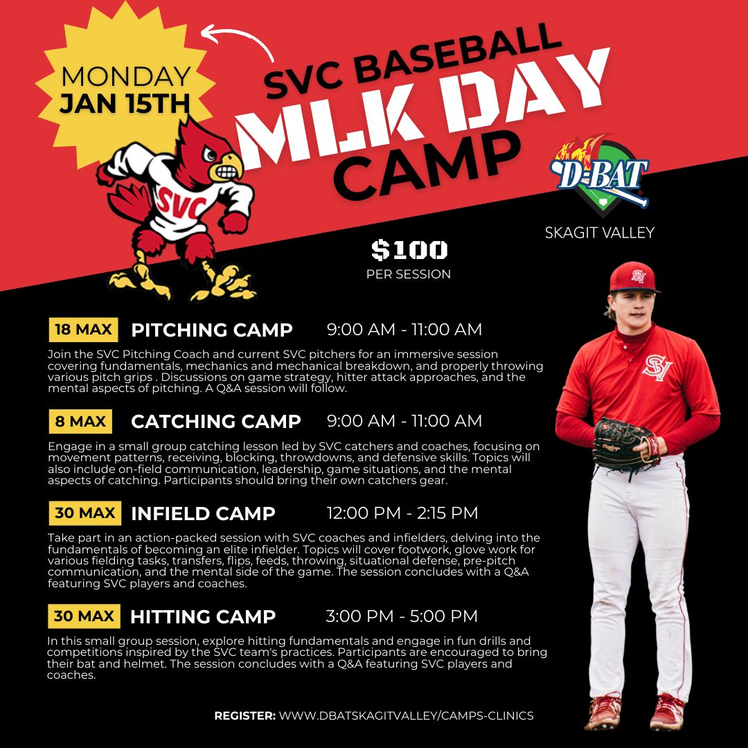 SkagitAthletics's tweet image. ⚾ Level up your skills with SVC Baseball&apos;s MLK Day Camp at D-BAT Skagit Valley! 🏆

🎯 Catching Camp 🎯 - bit.ly/46RN5FX

💣 Pitching Camp 💣 - bit.ly/3RFo7VE

🥎 Infield Camp 🥎 - bit.ly/3t7lSRT

🚀 Hitting Camp 🚀 - bit.ly/47RUUNd