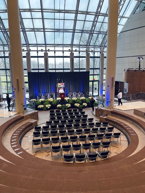 Set up for the Inauguration Ceremony is underway. As a reminder, the reception begins today, Dec. 13, at 5 p.m., followed by the ceremony at 6 p.m. The ceremony will be livestreamed on Channel 16 (and also available on Cox, Verizon and Comcast). bit.ly/2RuFMTV
