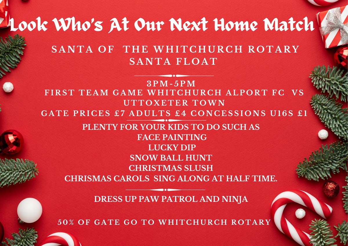 Whitchurch Alport Football Club (@alportfc) on Twitter photo CHRISTMAS FUN DAY AT THE ALPORT
We’re back at the @air2rootltd Stadium on Saturday with the visit of <a href="/UttoxeterTownFC/">Uttoxeter Town FC</a> Santa will also be paying us a visit with the Whitchurch Rotary club #WeAreAlport🔴⚪️ CHRISTMAS FUN DAY AT THE ALPORT
We’re back at the @air2rootltd Stadium on Saturday with the visit of <a href="/UttoxeterTownFC/">Uttoxeter Town FC</a> Santa will also be paying us a visit with the Whitchurch Rotary club #WeAreAlport🔴⚪️