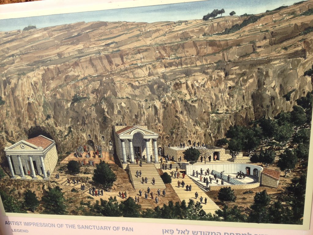 Today this place in Golan is called Banias but before it was Paneas, Panias, Panium and Panaeon, it was a big roman temple complex dedicated to Pan .it was considered to be an entrance to the underworld, at the cave of Pan Animal sacrifices were thrown into the cave.. later a