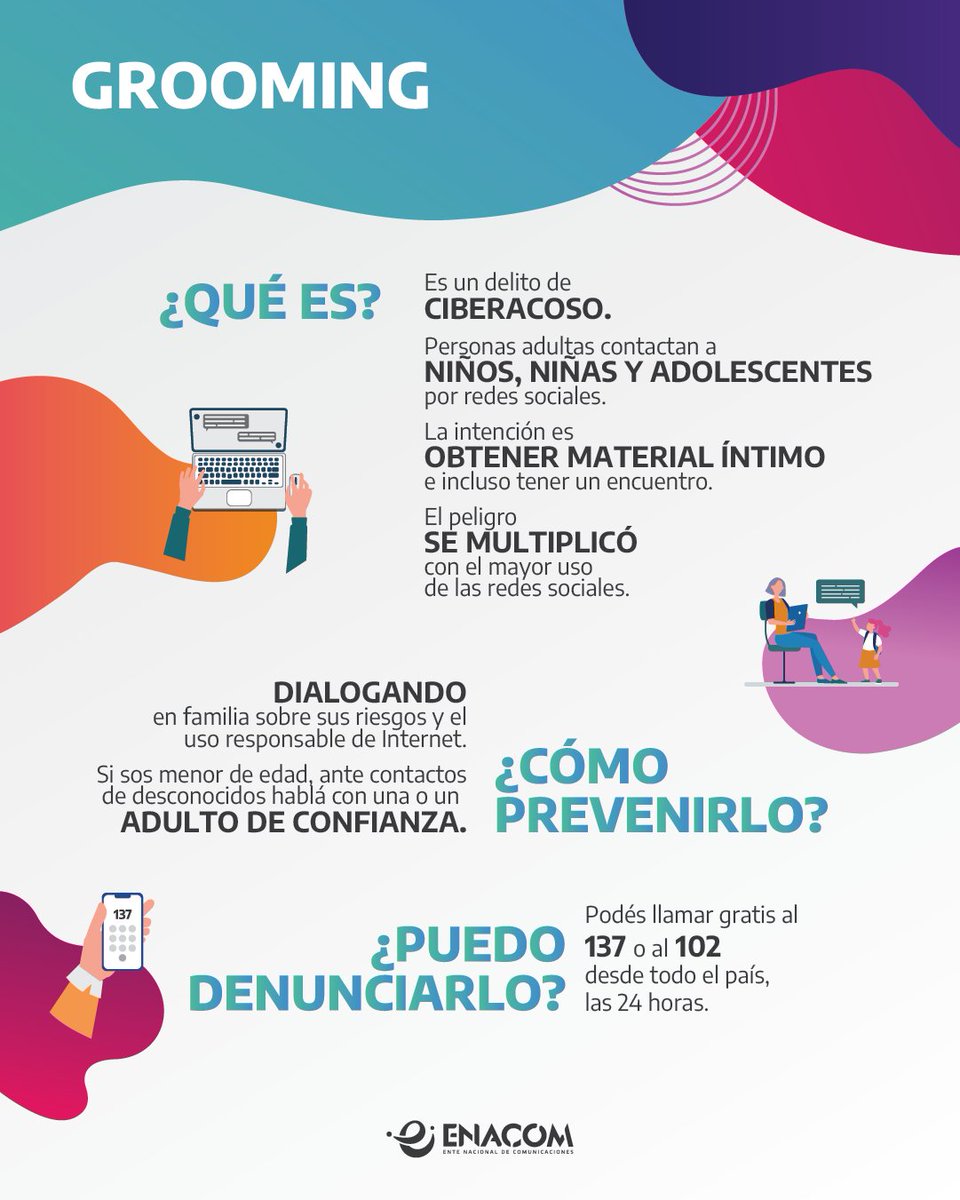 🧐¿Sabés qué es Grooming? Te dejamos estos consejos para que sepas cómo detectarlo y accionar rápido para proteger a niños, niñas y adolescentes. También, podés denunciar llamando gratis, los 365 días del año, las 24 horas, a la línea 137 o 102.