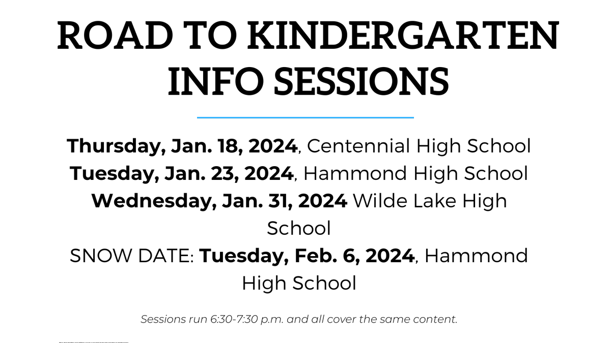 Parents/guardians: save the date! HCPSS will host Road to Kindergarten info sessions, covering expectations for school readiness, the HCPSS kindergarten program, and more. The first session will be held Jan. 18 from 6:30-7:30pm at @hcpss_chs. news.hcpss.org/news-posts/202…