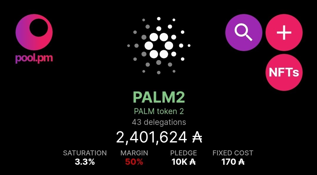 📢 $PALM ISPO Update 📢 We officially launched our ISPO on epoch 454, and we're 2 days in! 🌴 PALM1 - 99% 🌴 PALM2 - 50% 👥 356 Delegators 💰 12M + ADA staked Stake within the first 4 epochs to be eligible for Tier1 bonus rewards! Article with rewards info coming 🙌 #Cardano