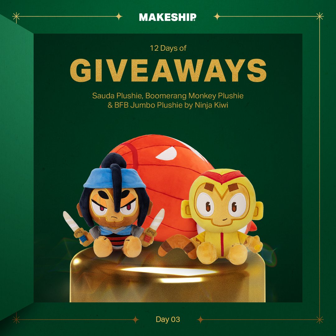Makeship's tweet image. 🎁MAKESHIP 12 DAYS OF GIVEAWAYS🎁

on the third day of giveaways, @Makeship gave to me: a set of @ninjakiwigames plushies: Boomerang Monkey, Sauda &amp;amp; BFB Jumbo!

TO ENTER:
1. Follow @makeship and @ninjakiwigames 
2. Reply with an emoji! Every reply is a separate entry
3. RT this…