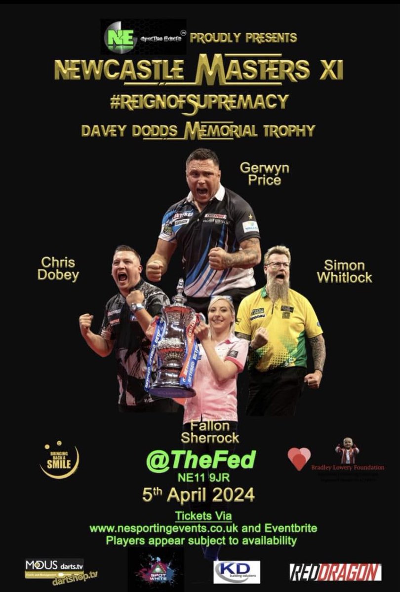 On April 5th I'm heading up to the TOON courtesy of @NESPORTSEVENTS hoping to win the #NewcastleMastersXI and take home the prestigious #DaveyDoddsMemorialTrophy 🏆 #LovetheDarts #Darts 🎯 Tickets available now folks nesportingevents.co.uk