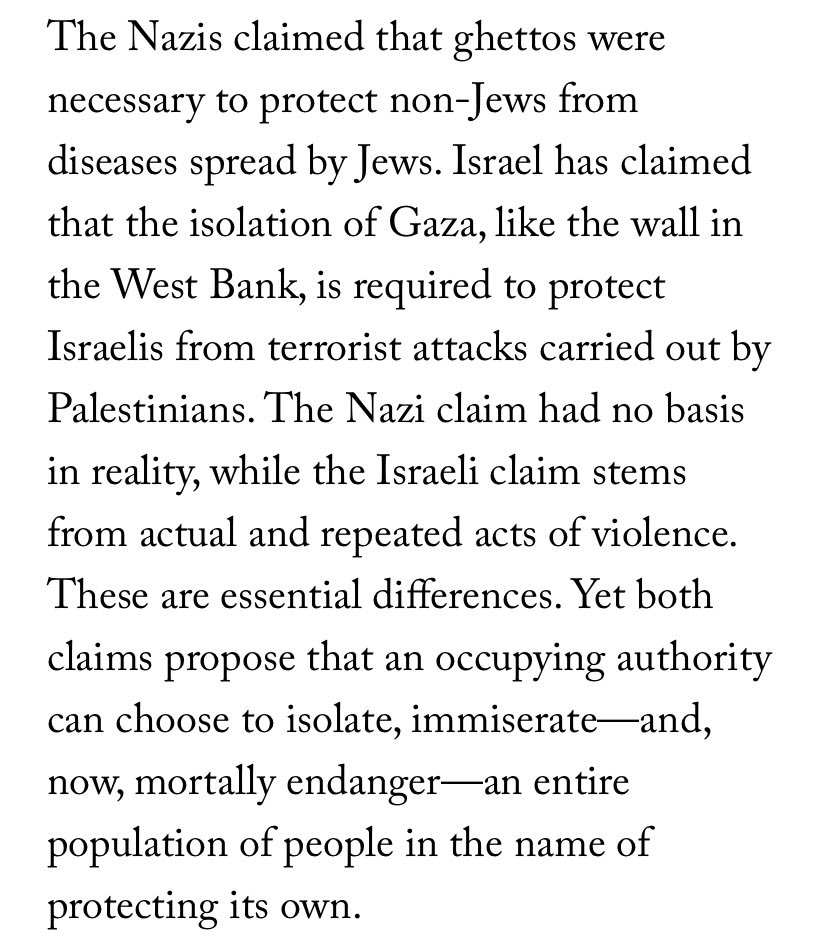 The Böll Stiftung’s misreading of Masha Gessen is particularly egregious for many reasons. One of them is that in the paragraph right after the one they condemn, Gessen makes very clear that comparing Gaza to a ghetto is no equivocation and that there are “essential differences”.