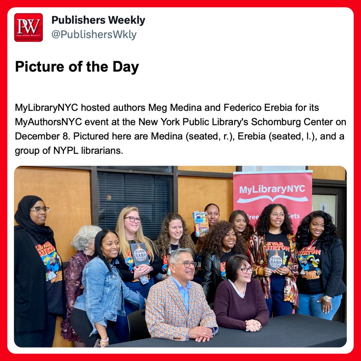 I ❤️ this photo. 

Meg Medina and I are flanked by the NYPL librarians who work behind the scenes to create the MyLibraryNYC events. 

#PedroAndDaniel #PedroWithoutDaniel #MyAuthorsNYC2023 @Librarian_Eli @NYPL #BookTwitter #LibraryTwitter #TeacherTwitter