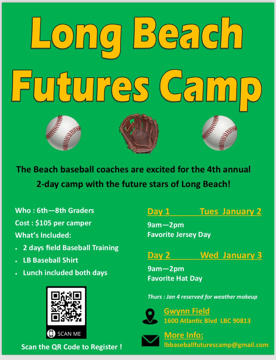 Register now for the Beach Baseball futures camp - for the week after new years! 

6th-8th graders - come meet and learn from the coaches and varsity players of the defending league champs! 

Happy Holidays from the Green and Gold 🐰⚾️💚💛family!

<a href="/562sports/">The562.org</a> <a href="/LBPolyBaseball/">Long Beach Poly Baseball</a>