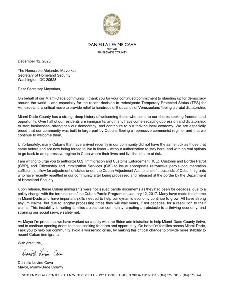 Miami-Dade thrives thanks to the contributions of generations of immigrants who fled oppression and dictatorship. Sadly, many Cubans in our community are living in limbo – we must authorize retroactive parole to ensure their safety and prosperity. My letter to @SecMayorkas:
