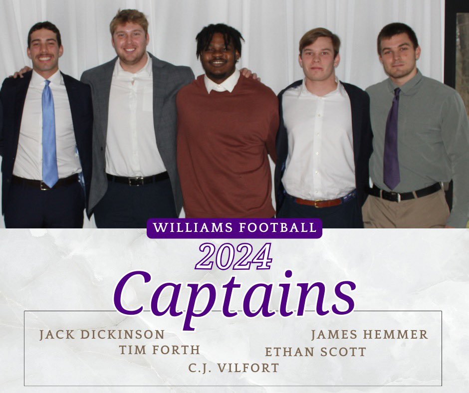 Williams Football (@williamsephsfb) on Twitter photo Shout out to our 2024 Ephs captains!!! <a href="/JamesHemmer8/">James Hemmer</a> <a href="/ethansfootball5/">Ethan</a> <a href="/j_dickinson5/">Jack Dickinson</a> <a href="/_cjvilfort/">C.J. Vilfort</a> <a href="/TimForth2/">Tim Forth</a> Shout out to our 2024 Ephs captains!!! <a href="/JamesHemmer8/">James Hemmer</a> <a href="/ethansfootball5/">Ethan</a> <a href="/j_dickinson5/">Jack Dickinson</a> <a href="/_cjvilfort/">C.J. Vilfort</a> <a href="/TimForth2/">Tim Forth</a>