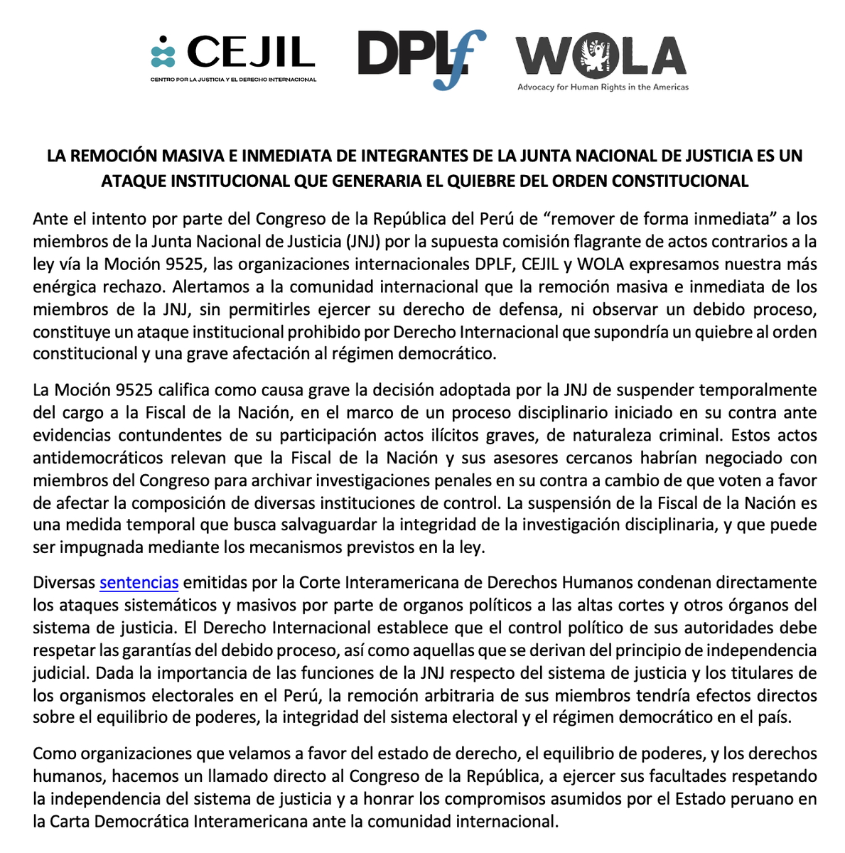 cejil's tweet photo. #Peru: Organizaciones internacionales alertamos riesgo de ruptura del orden constitucional ante posible remoción masiva del pleno de la @JNJPeru por parte del @congresoperu https://t.co/X6eyGNxNQK