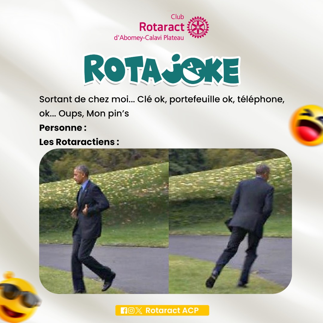 Quand tu sors de chez toi à la va-vite, en vérifiant tes poches pour voir si tu as tout pris, et que tu te rends compte que tu as oublié ton pin's Rotaract.

#Rotaract #RotaractBenin #AbomeyCalavi #Rotajok