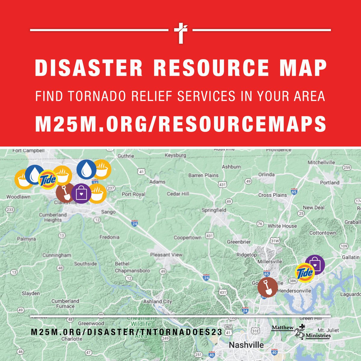 If you or someone you know has been affected by the tornadoes in Tennessee, view our Disaster Resource Map at m25m.org/resourcemaps to find relief supplies, services, and more in your area. Additional resources will be added as they become available.