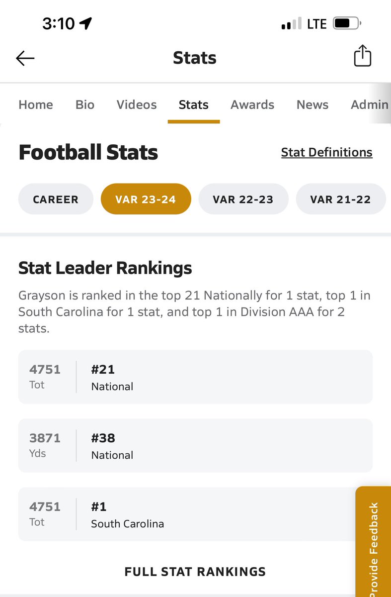 GraysonWhite15's tweet image. Top 25 in the nation for total yards. Top 40 for passing yards. Number 1 in the state in total yards.
