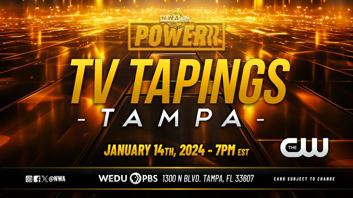 On Sale Now! The NWA Returns to Tampa, FL on Jan. 14th for #NWAPowerrr tapings! Studio tapings are an experience like no other! Come join the #NWAFam and get up close and personal with all of the great wrestling action! 🎟️bit.ly/NWAPowerrrTampa