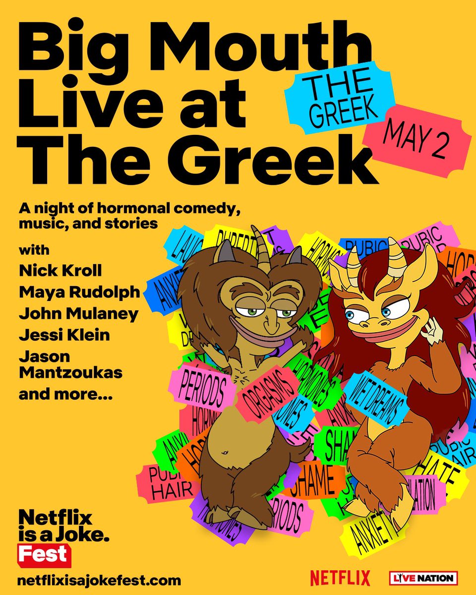 Who said you can’t get a little filthy on a school night 😈 See Nick Kroll, Maya Rudolph, John Mulaney, Jessi Klein, Jason Mantzoukas & more of the Emmy Award-winning cast of Big Mouth at The Greek for #NetflixIsAJokeFest. Get your tickets starting Friday, December 15 at 10am PT…