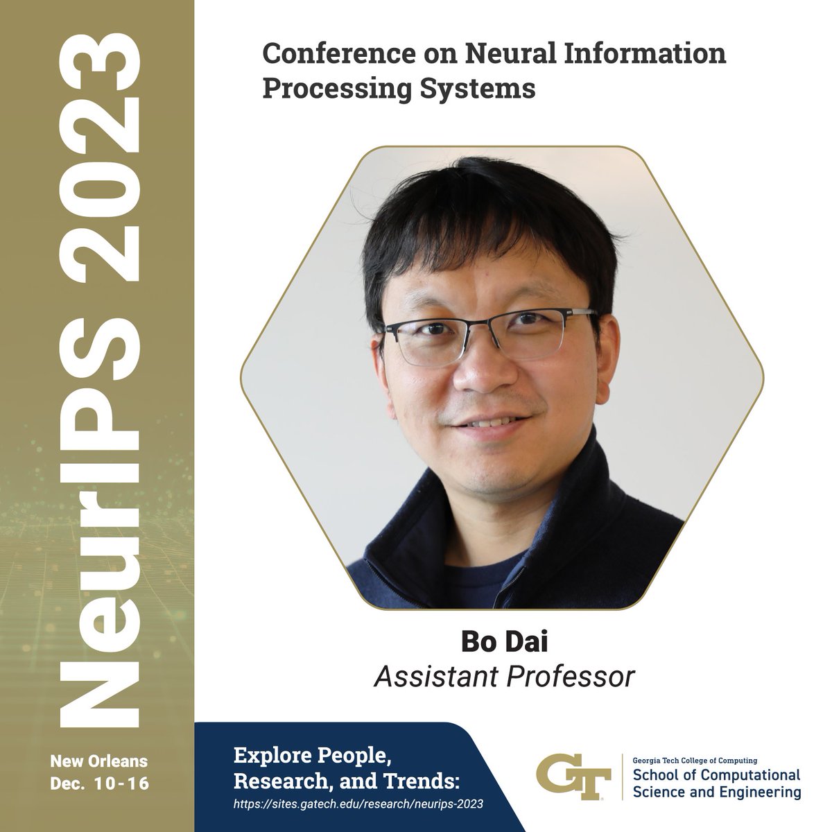 Bo Dai's group is presenting 3⃣ papers at #NeurIPS2023! Among those, one was selected as an oral presentation and another a spotlight! Great work, Bo! 🥳 You can read up on all THREE papers at @gtcomputing's handy microsite ⬇️ covering @NeurIPSConf sites.gatech.edu/research/neuri…
